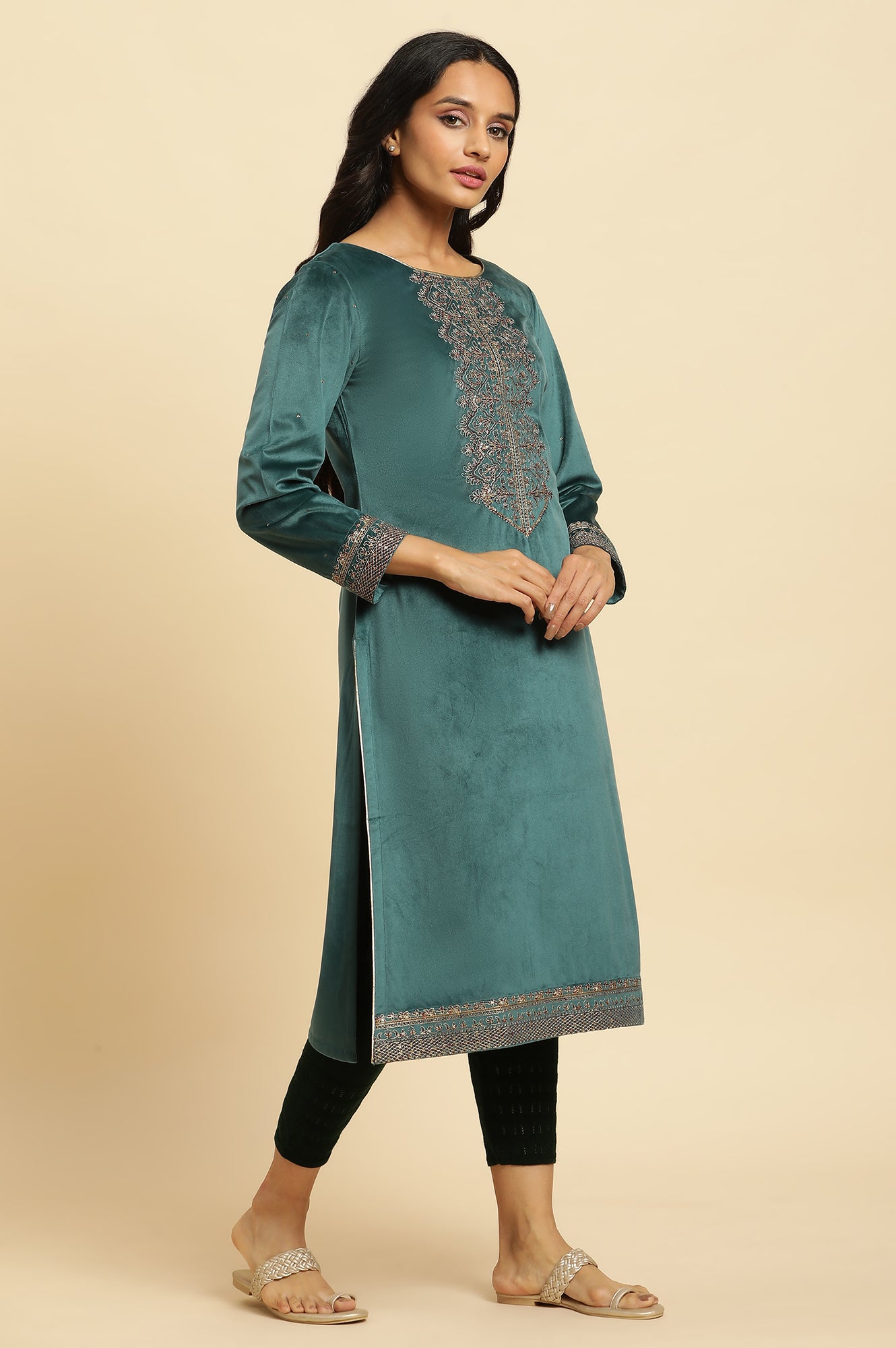 Teal Green Velvet Embroidered Festive Winter Kurta