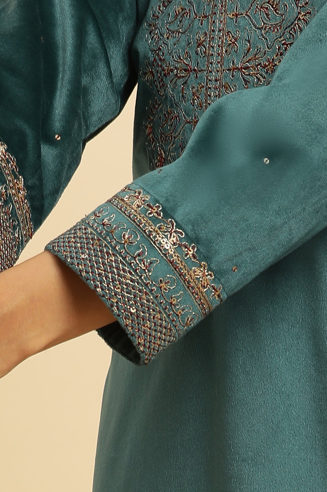 Teal Green Velvet Embroidered Festive Winter Kurta