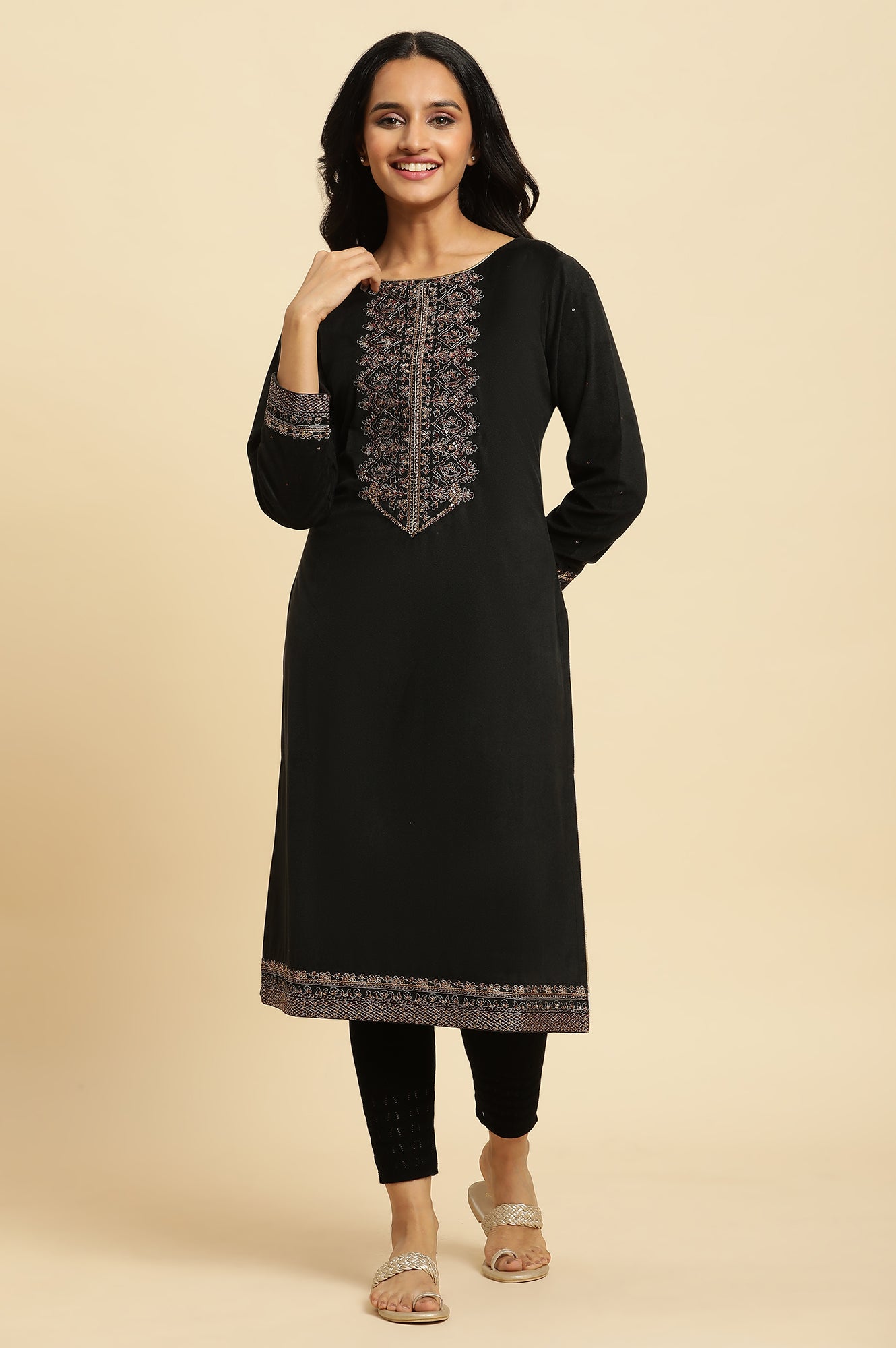 Black Velvet Embroidered Festive Winter Kurta