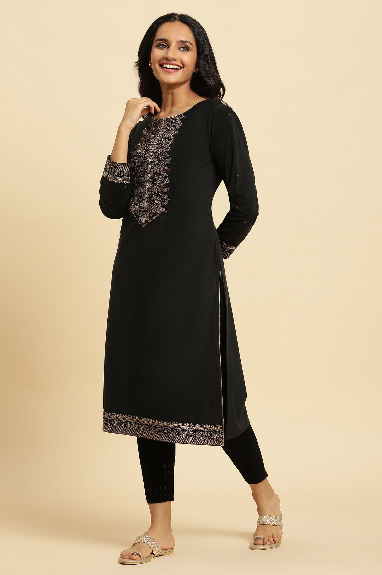 Black Velvet Embroidered Festive Winter Kurta