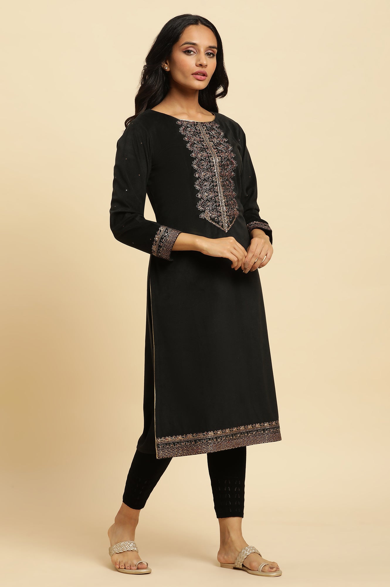 Black Velvet Embroidered Festive Winter Kurta