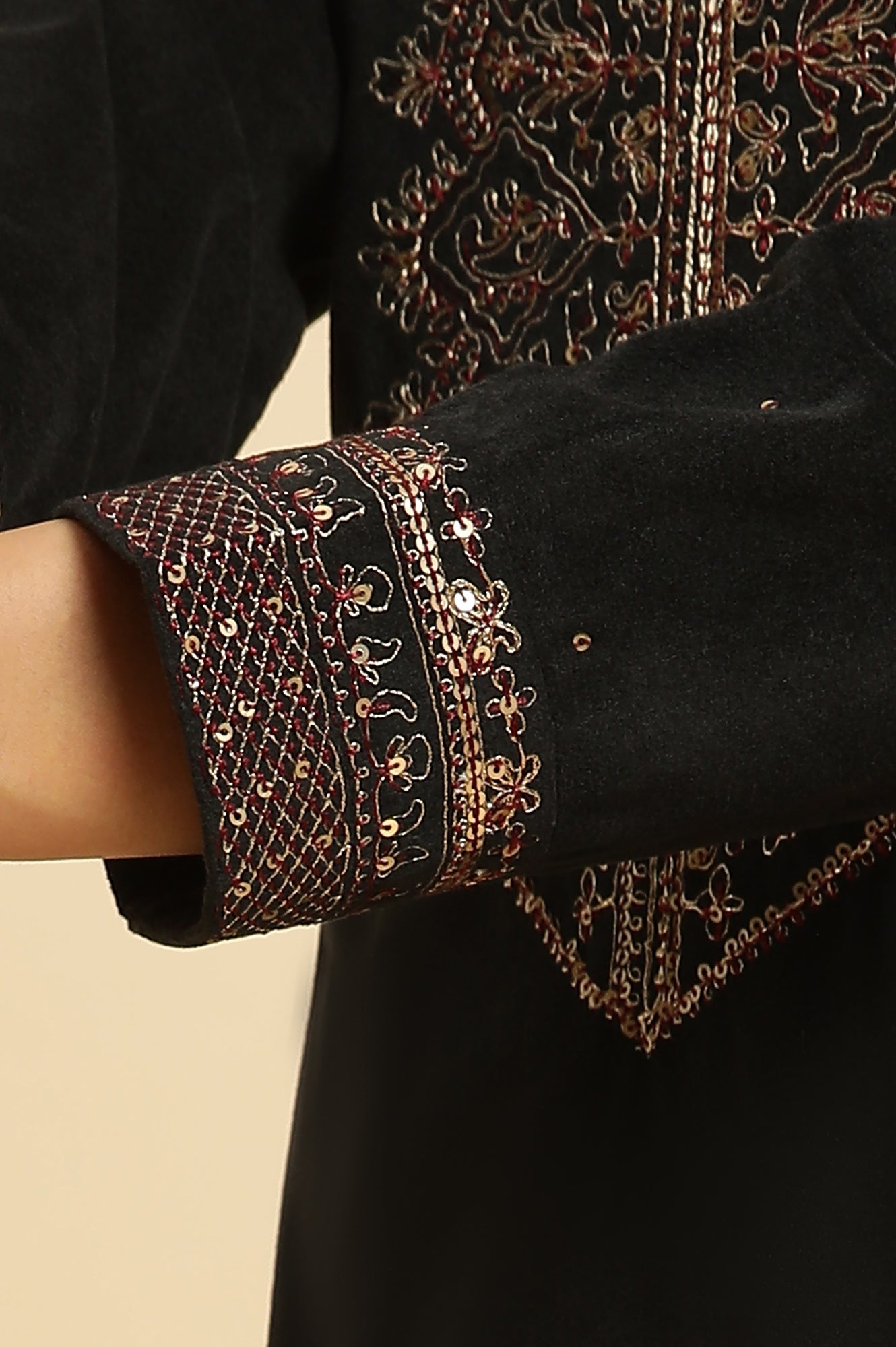 Black Velvet Embroidered Festive Winter Kurta