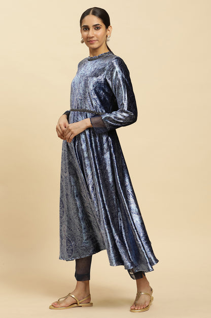 Blue Velvet Paisley Printed Flared Kurta And Pants Set