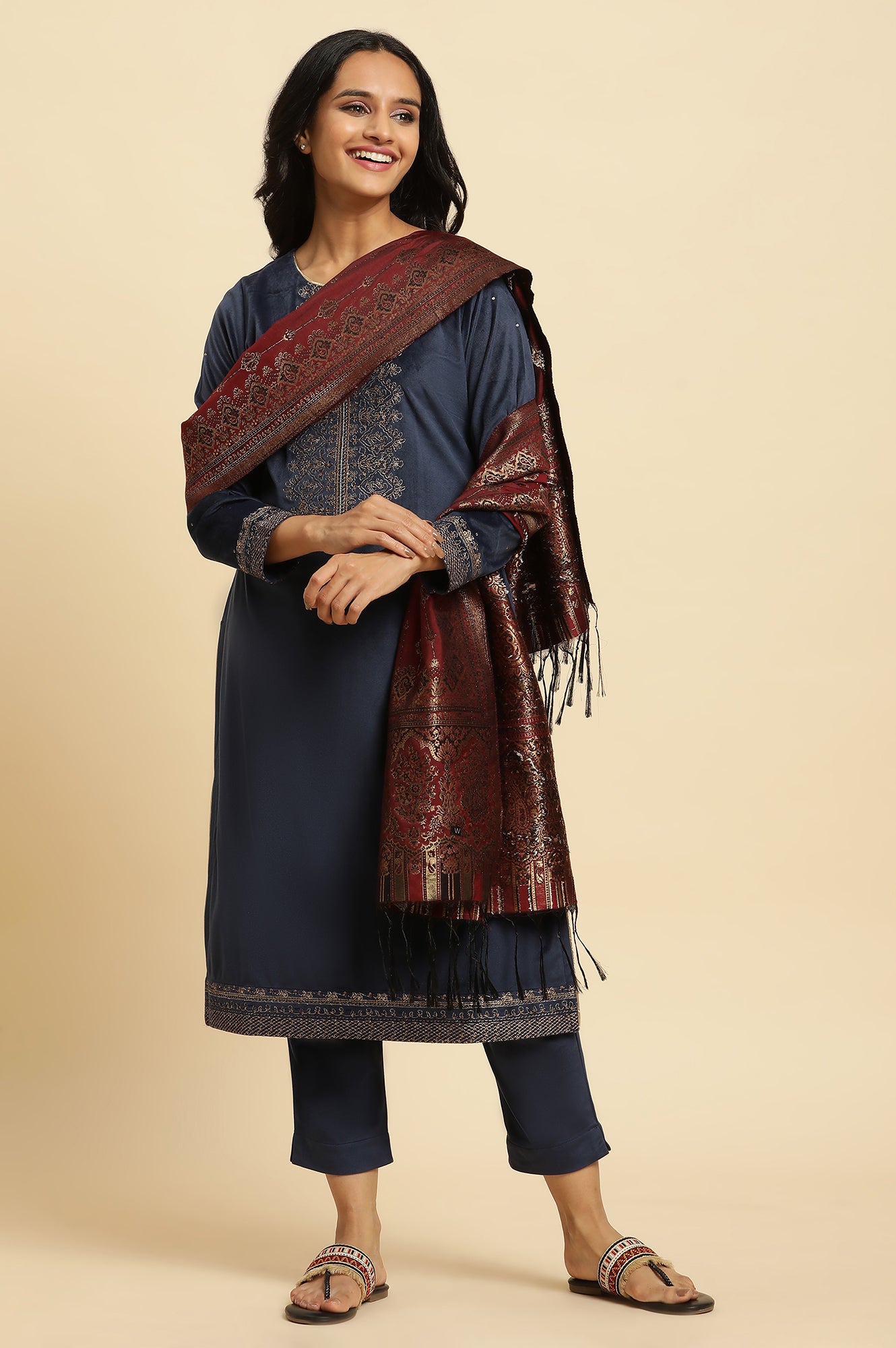 Blue Velvet Embroidered Kurta, Pants And Jacquard Dupatta Set