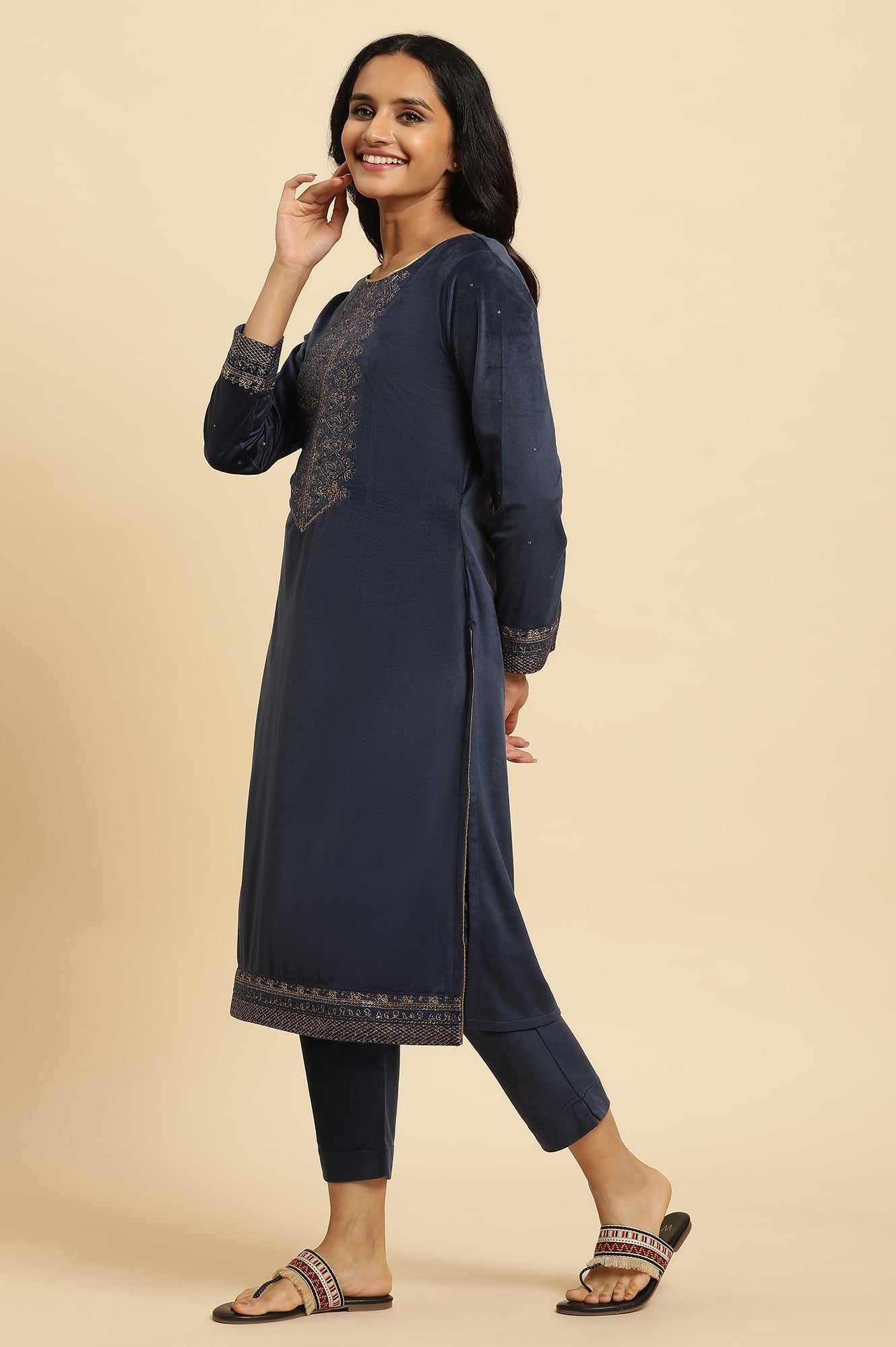 Blue Velvet Embroidered Kurta, Pants And Jacquard Dupatta Set