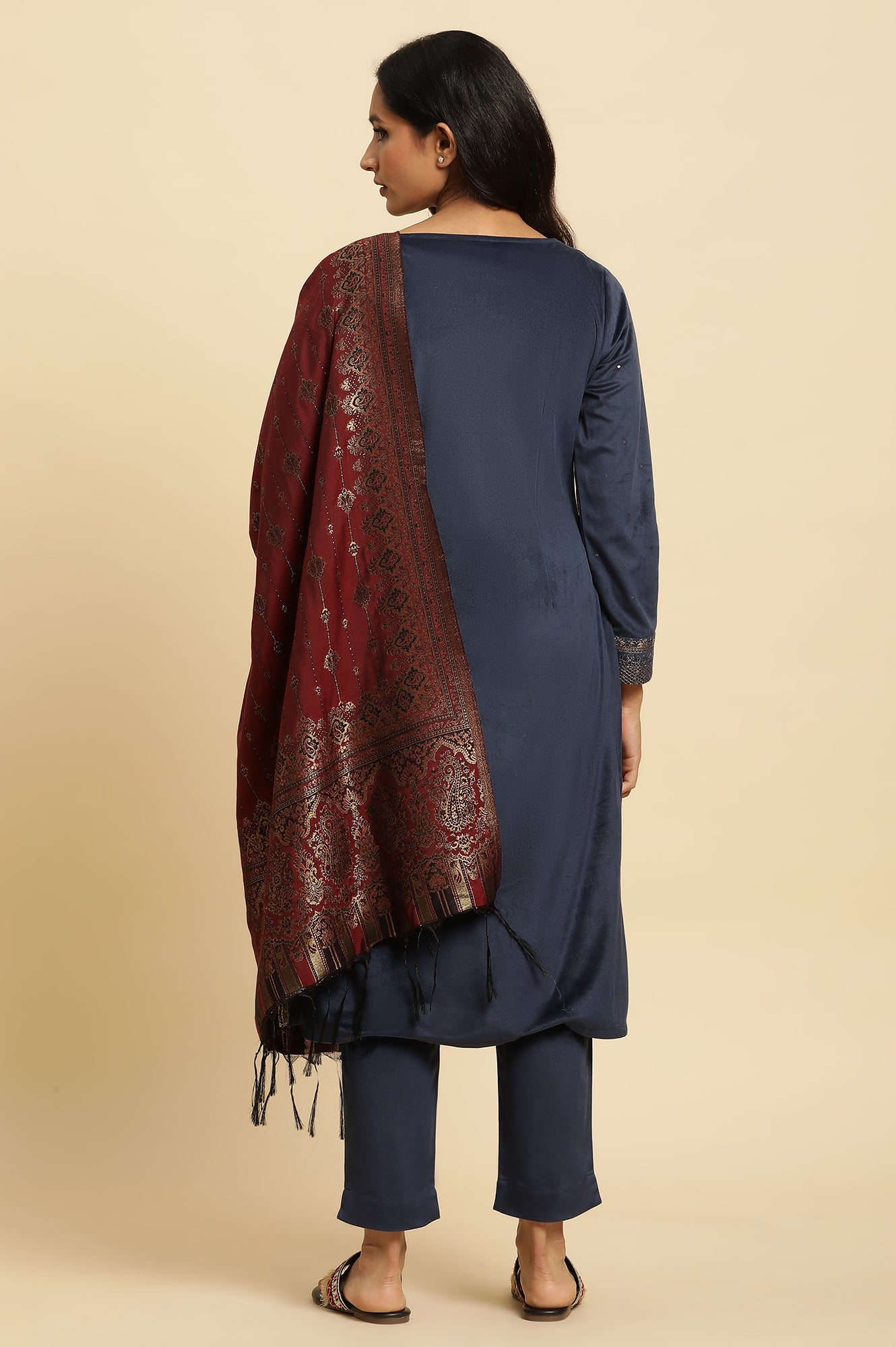 Blue Velvet Embroidered Kurta, Pants And Jacquard Dupatta Set