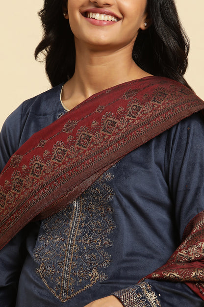 Blue Velvet Embroidered Kurta, Pants And Jacquard Dupatta Set