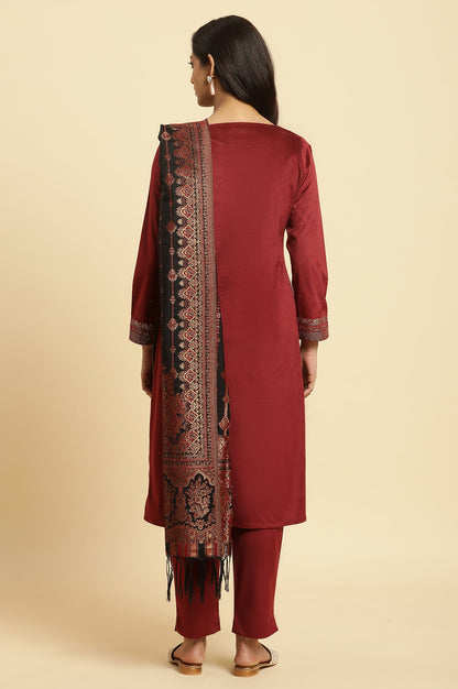 Maroon Velvet Embroidered Kurta, Pants And Jacquard Dupatta Set