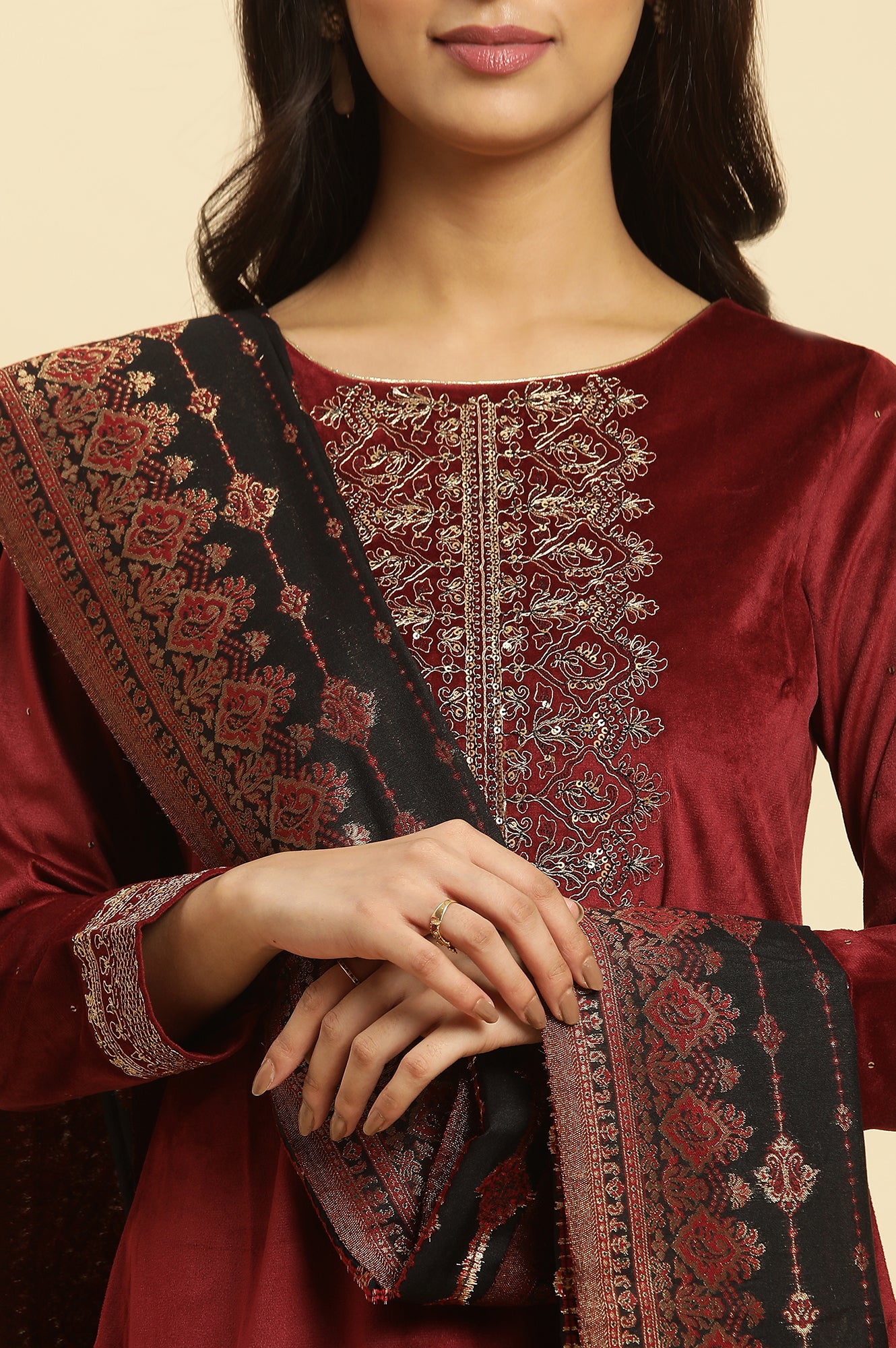 Maroon Velvet Embroidered Kurta, Pants And Jacquard Dupatta Set