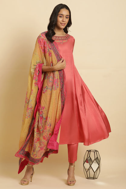 Pink Embroidered Anarkali Kurta, Pants &amp; Printed Dupatta Set