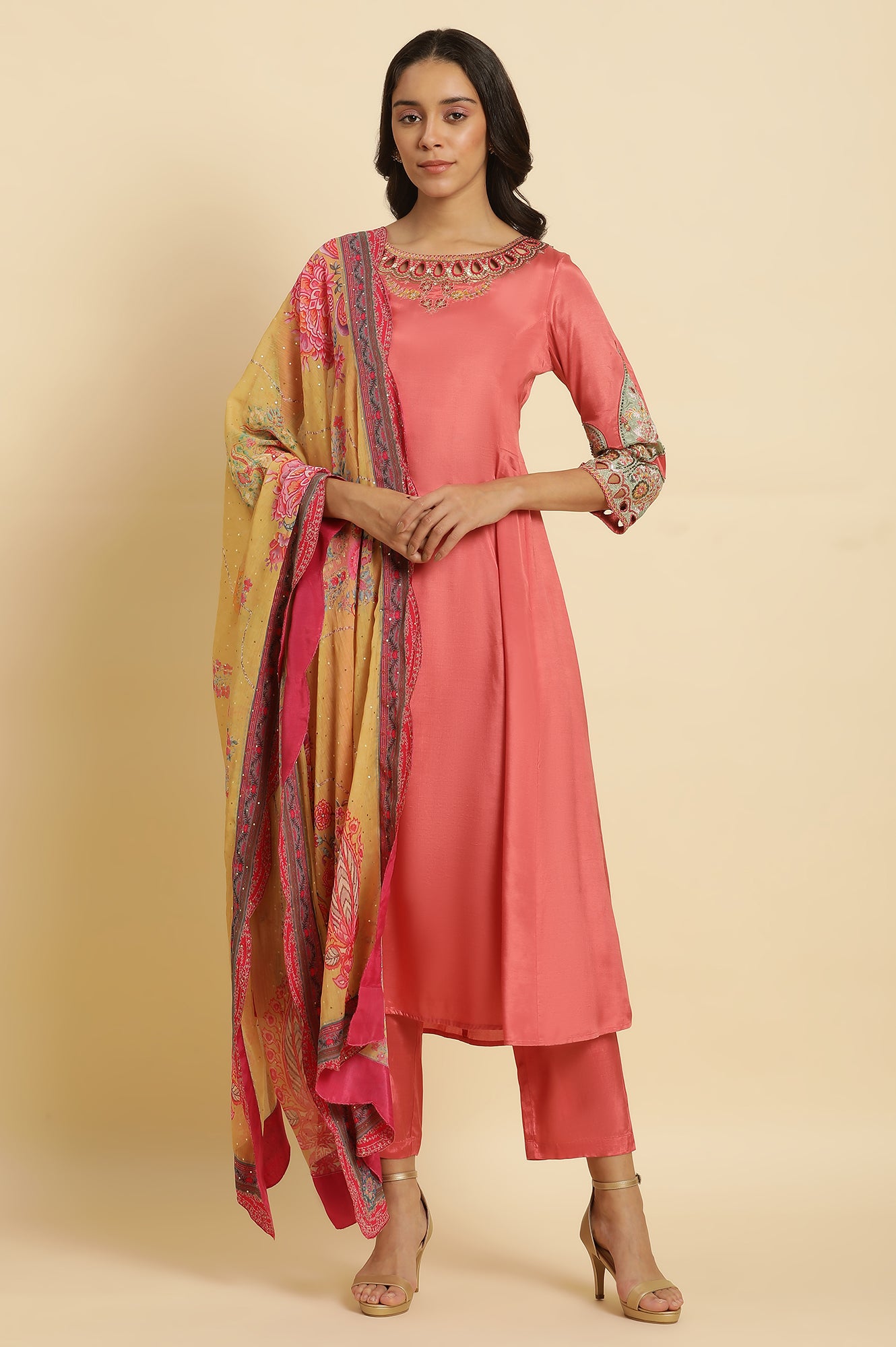 Pink Embroidered Anarkali Kurta, Pants &amp; Printed Dupatta Set