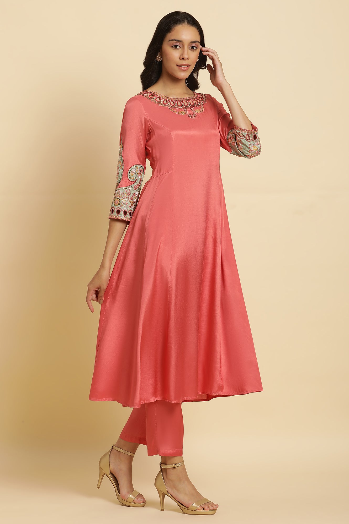 Pink Embroidered Anarkali Kurta, Pants &amp; Printed Dupatta Set