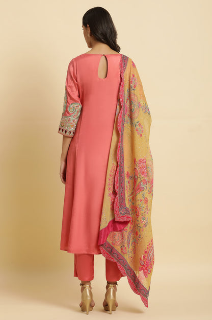 Pink Embroidered Anarkali Kurta, Pants &amp; Printed Dupatta Set