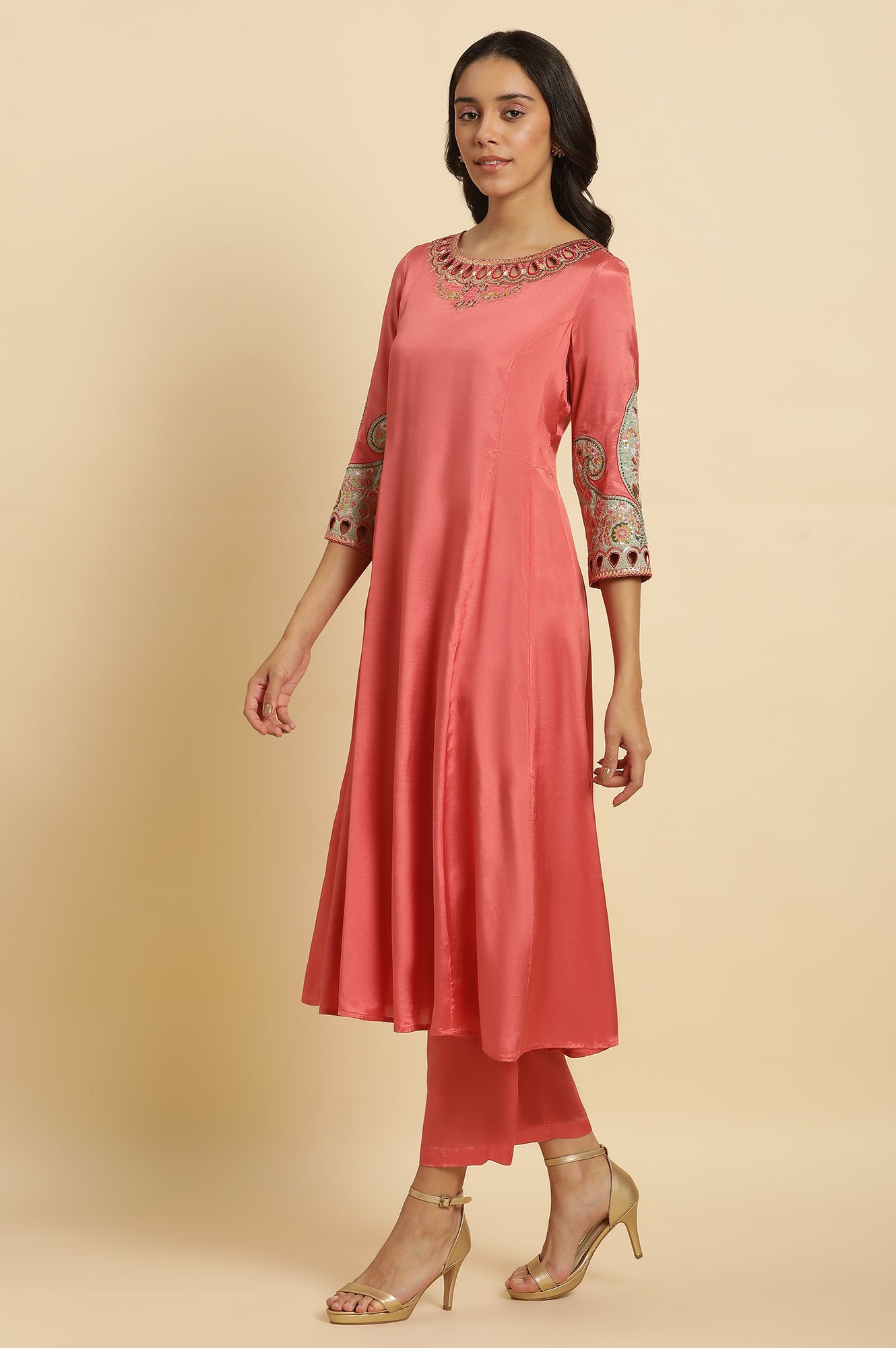 Pink Embroidered Anarkali Kurta, Pants &amp; Printed Dupatta Set