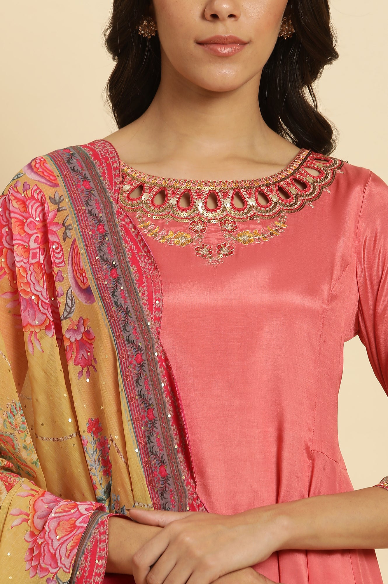 Pink Embroidered Anarkali Kurta, Pants &amp; Printed Dupatta Set