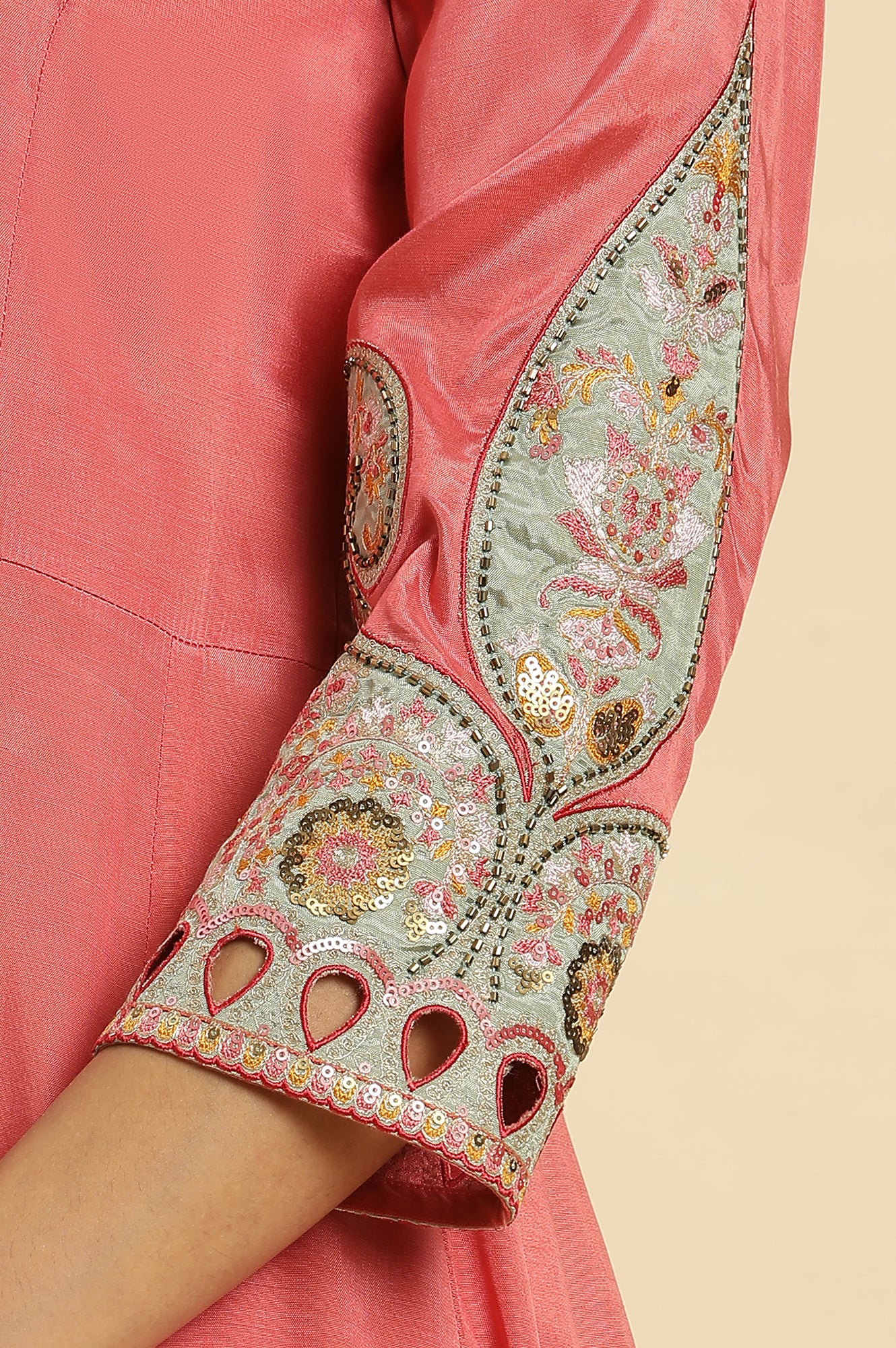 Pink Embroidered Anarkali Kurta, Pants &amp; Printed Dupatta Set