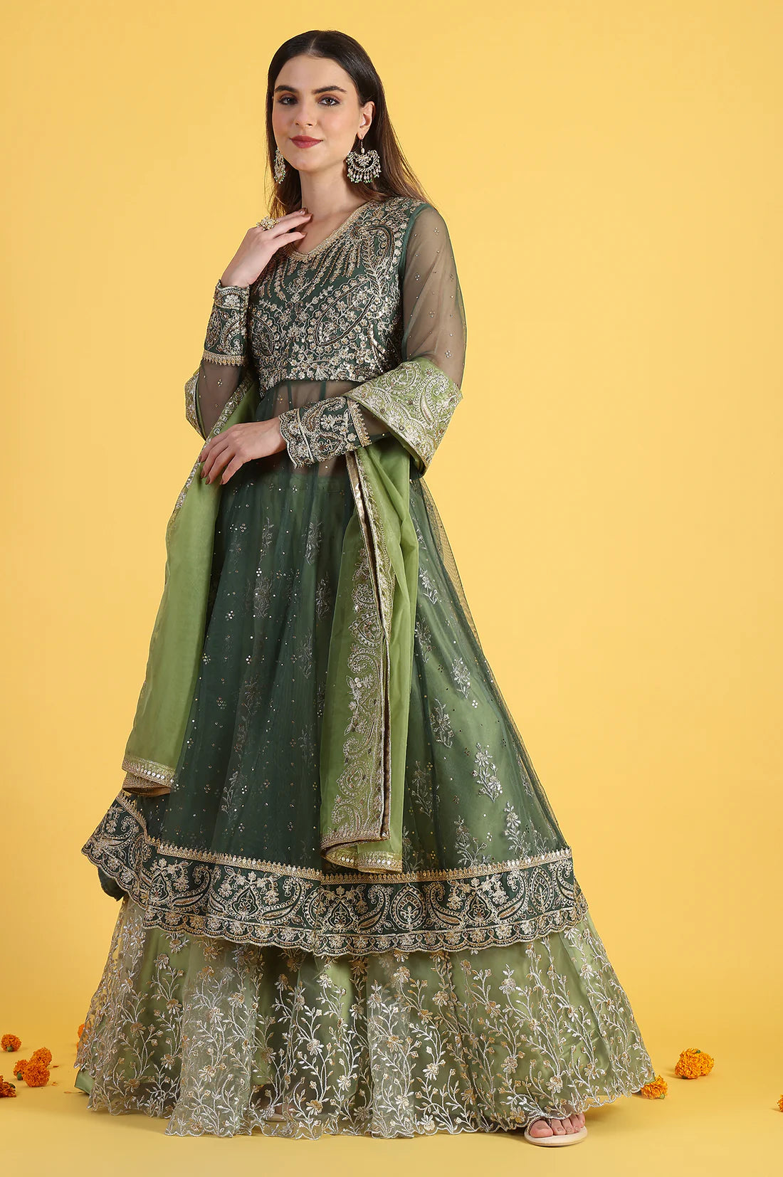 Green Metallic Embroidery Mesh Flared Kurta &amp; Skirt with Dupatta Set