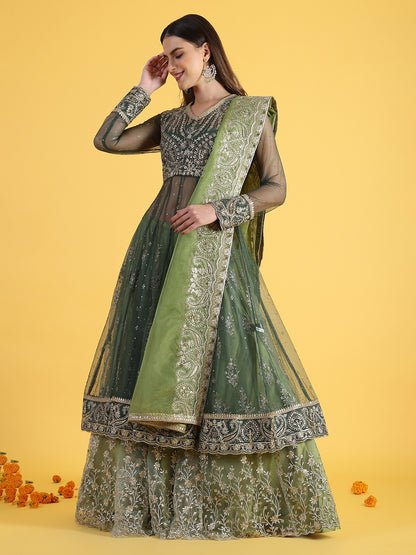 Green Metallic Embroidery Mesh Flared Kurta Skirt Dupatta