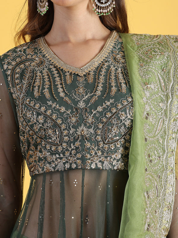 Green Metallic Embroidery Mesh Flared Kurta & Skirt with Dupatta Set