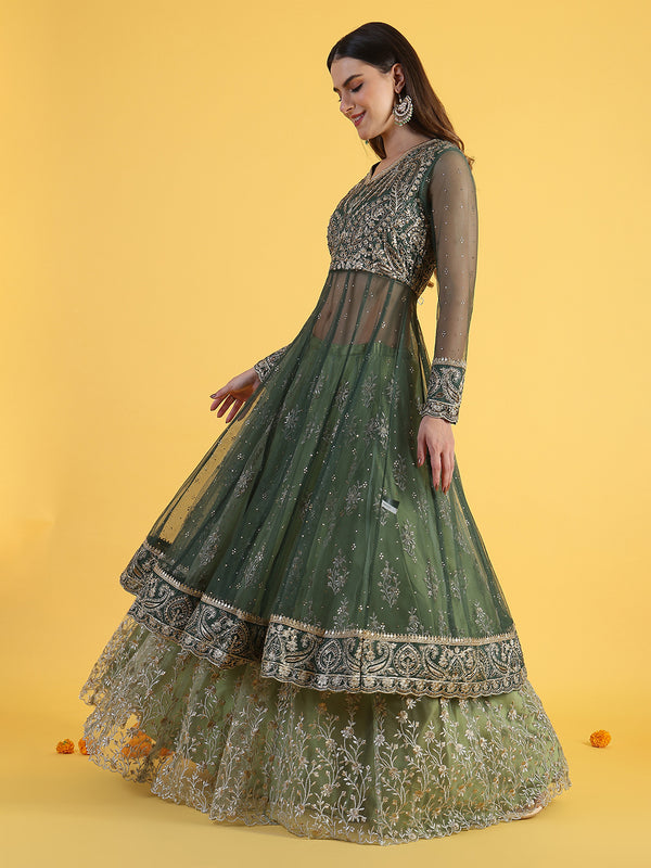 Green Metallic Embroidery Mesh Flared Kurta & Skirt with Dupatta Set