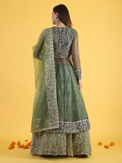 Green Metallic Embroidery Mesh Flared Kurta Skirt Dupatta