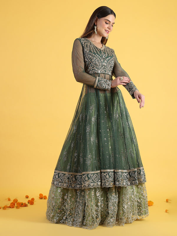 Green Metallic Embroidery Mesh Flared Kurta & Skirt with Dupatta Set
