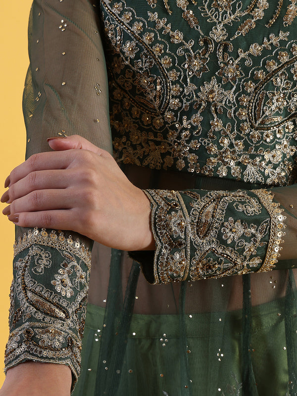 Green Metallic Embroidery Mesh Flared Kurta & Skirt with Dupatta Set