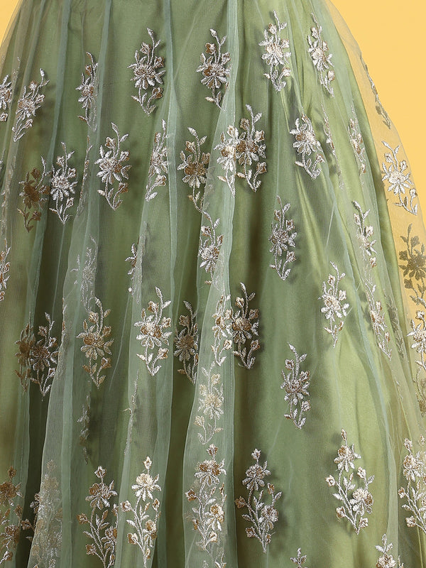Green Metallic Embroidery Mesh Flared Kurta & Skirt with Dupatta Set