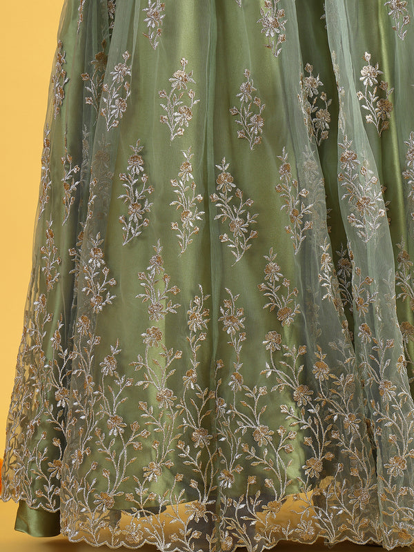 Green Metallic Embroidery Mesh Flared Kurta & Skirt with Dupatta Set