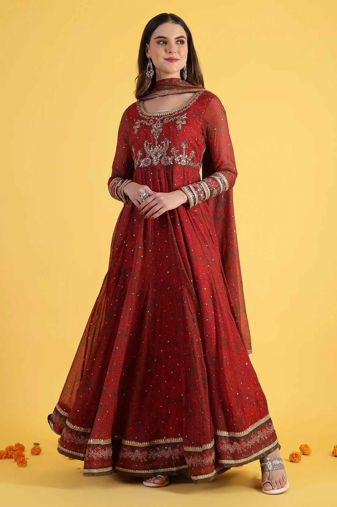 Red Dori Embroidery Chiffon Flared Dresses with Dupatta Set