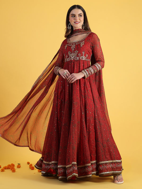 Red Dori Embroidery Chiffon Flared Dresses with Dupatta Set