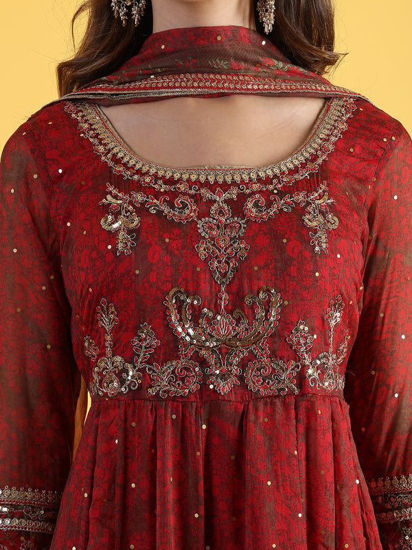 Red Dori Embroidery Chiffon Flared Dresses with Dupatta Set