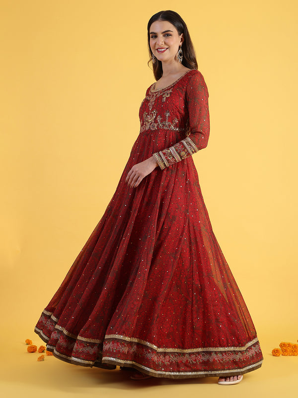 Red Dori Embroidery Chiffon Flared Dresses with Dupatta Set