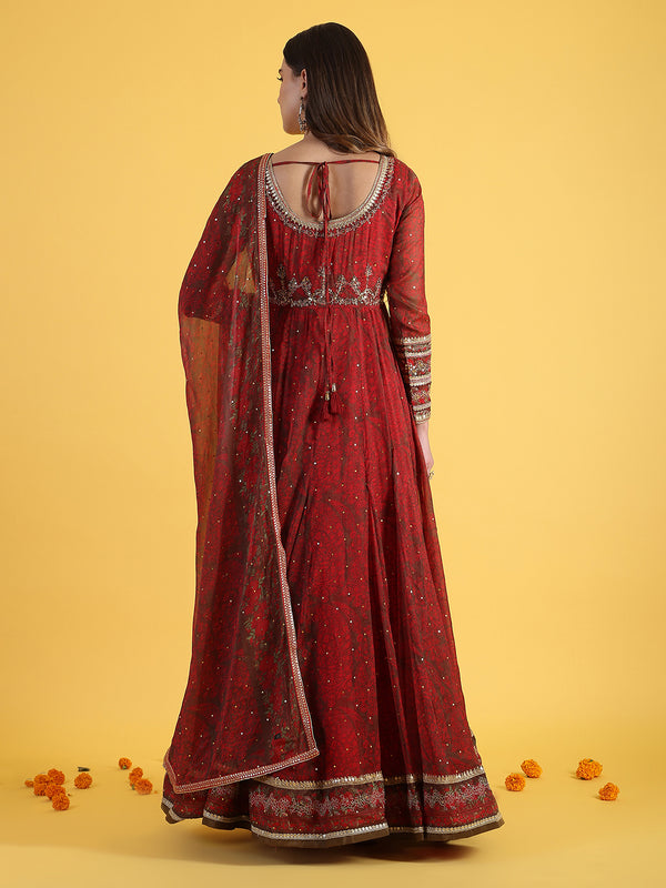 Red Dori Embroidery Chiffon Flared Dresses with Dupatta Set