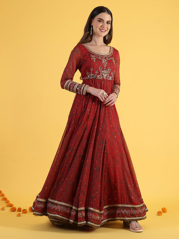 Red Dori Embroidery Chiffon Flared Dresses with Dupatta Set