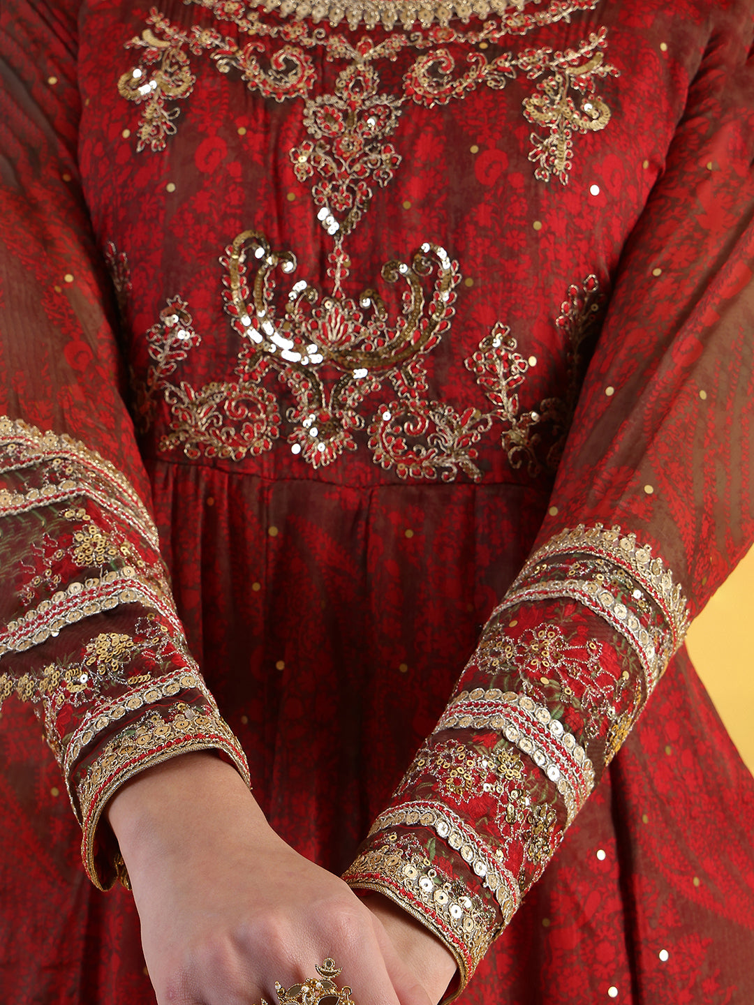 Red Dori Embroidery Chiffon Flared Dresses with Dupatta Set