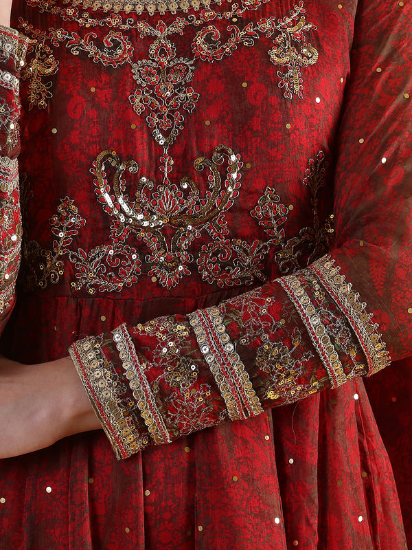 Red Dori Embroidery Chiffon Flared Dresses with Dupatta Set