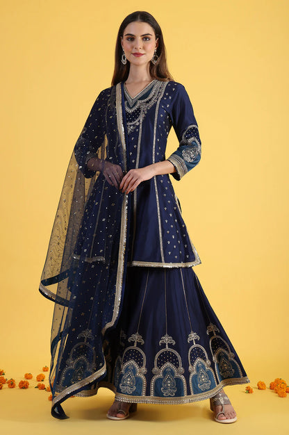 Blue Embroidered Kurta &amp; Sharara with Dupatta Set