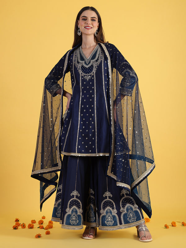 Blue Embroidered Kurta & Sharara with Dupatta Set