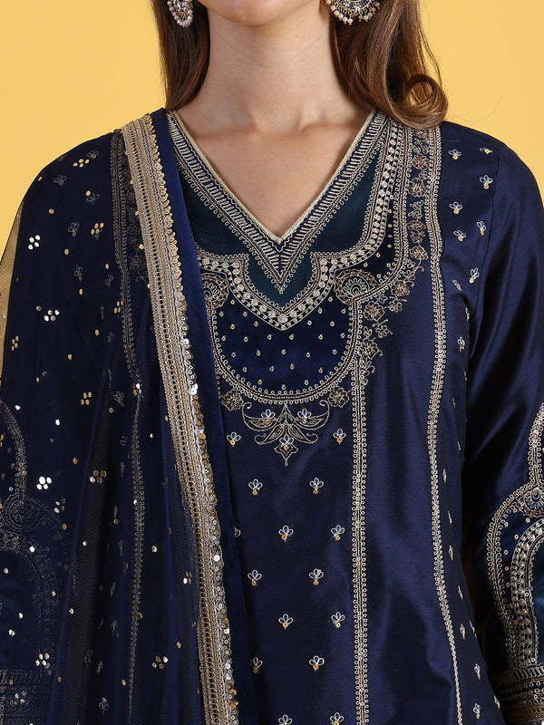 Blue Embroidered Kurta & Sharara with Dupatta Set