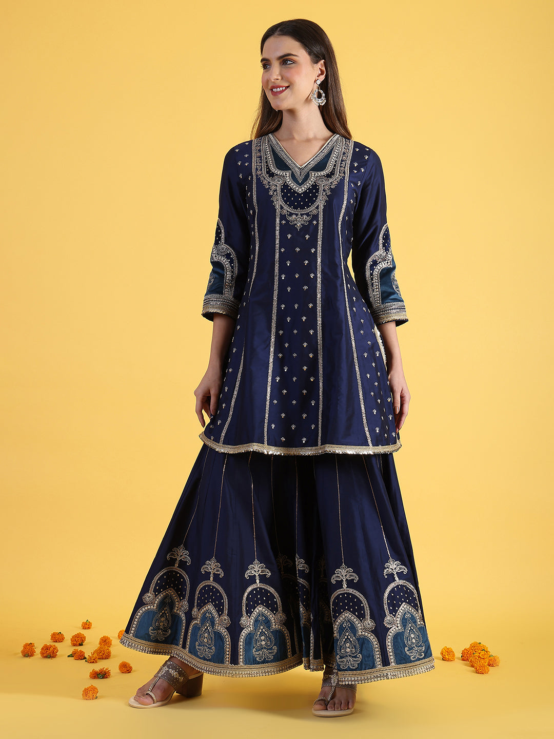 Blue Embroidered Anarkali Kurti Sharara Dupatta