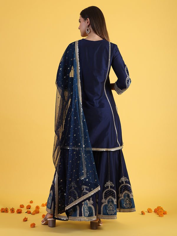 Blue Embroidered Kurta & Sharara with Dupatta Set