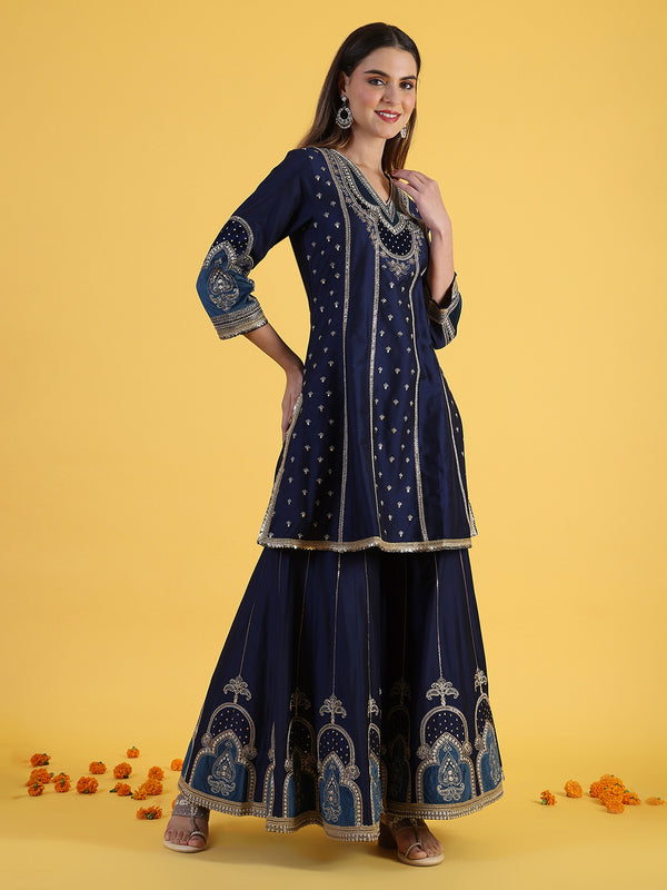 Blue Embroidered Kurta & Sharara with Dupatta Set