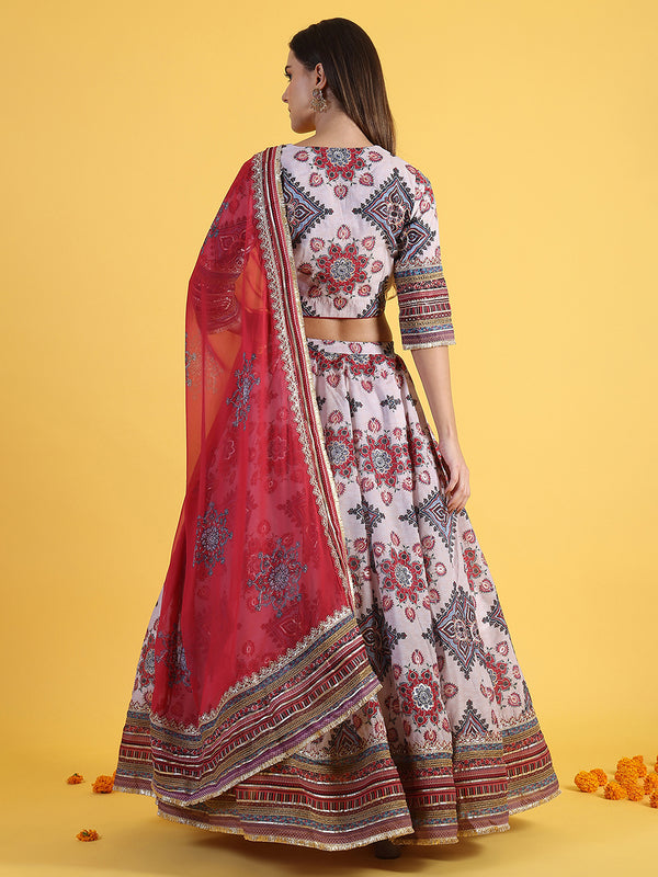 White Embroidered Beads Straight Blouse Top & Skirt with Dupatta Set