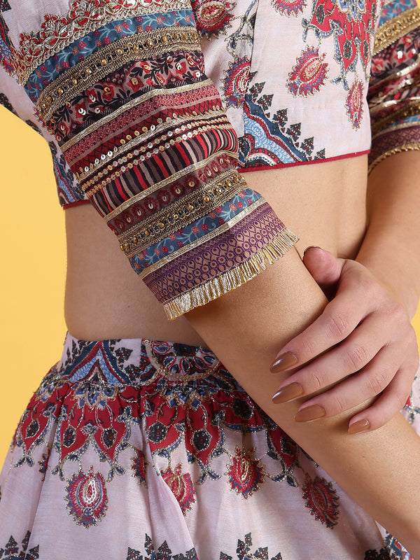 White Embroidered Beads Straight Blouse Top & Skirt with Dupatta Set