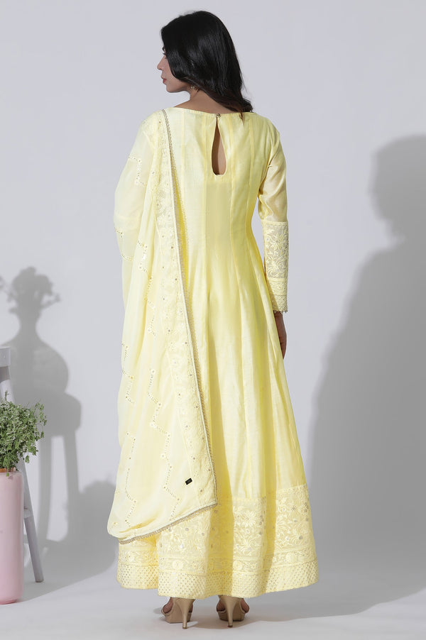 Yellow Chanderi Panelled Thread Work Anarkali Kurta, Churidar and Dupatta Set