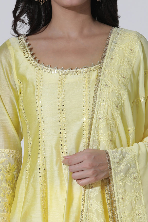 Yellow Chanderi Panelled Thread Work Anarkali Kurta, Churidar and Dupatta Set