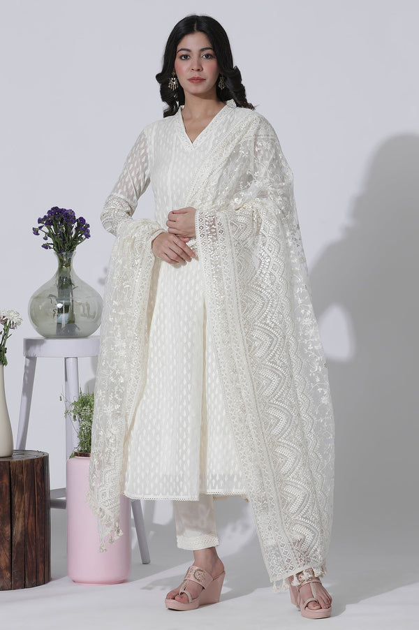 Off-White Cotton Blend Anarkali Embroidered Kurta, Straight Pants and Dupatta Set