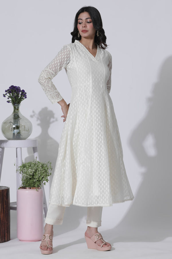 Off-White Cotton Blend Anarkali Embroidered Kurta, Straight Pants and Dupatta Set