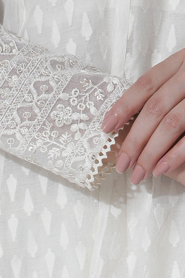 Off-White Cotton Blend Anarkali Embroidered Kurta, Straight Pants and Dupatta Set